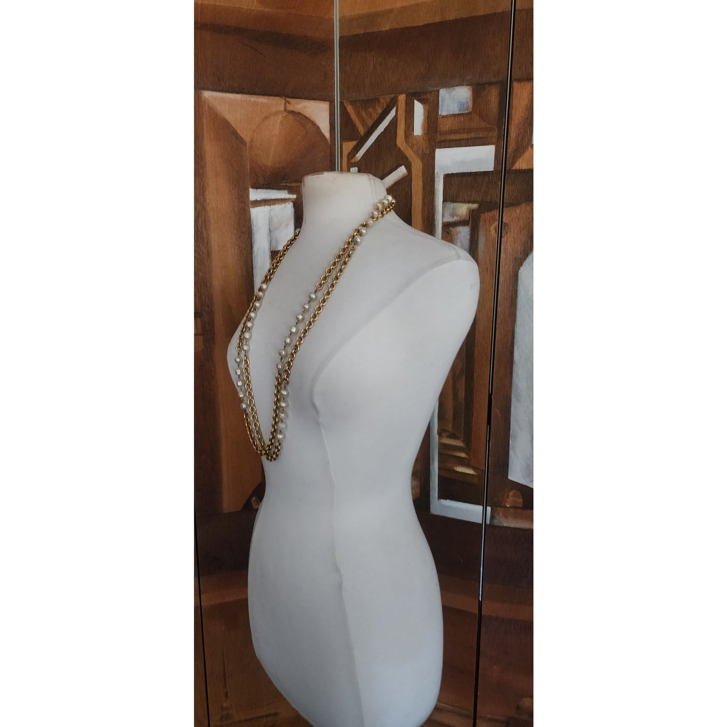 Vintage Chanel 1984 Necklace Double Strand Gold Chain Baroque Pearl Documented Runway Lagerfeld Era