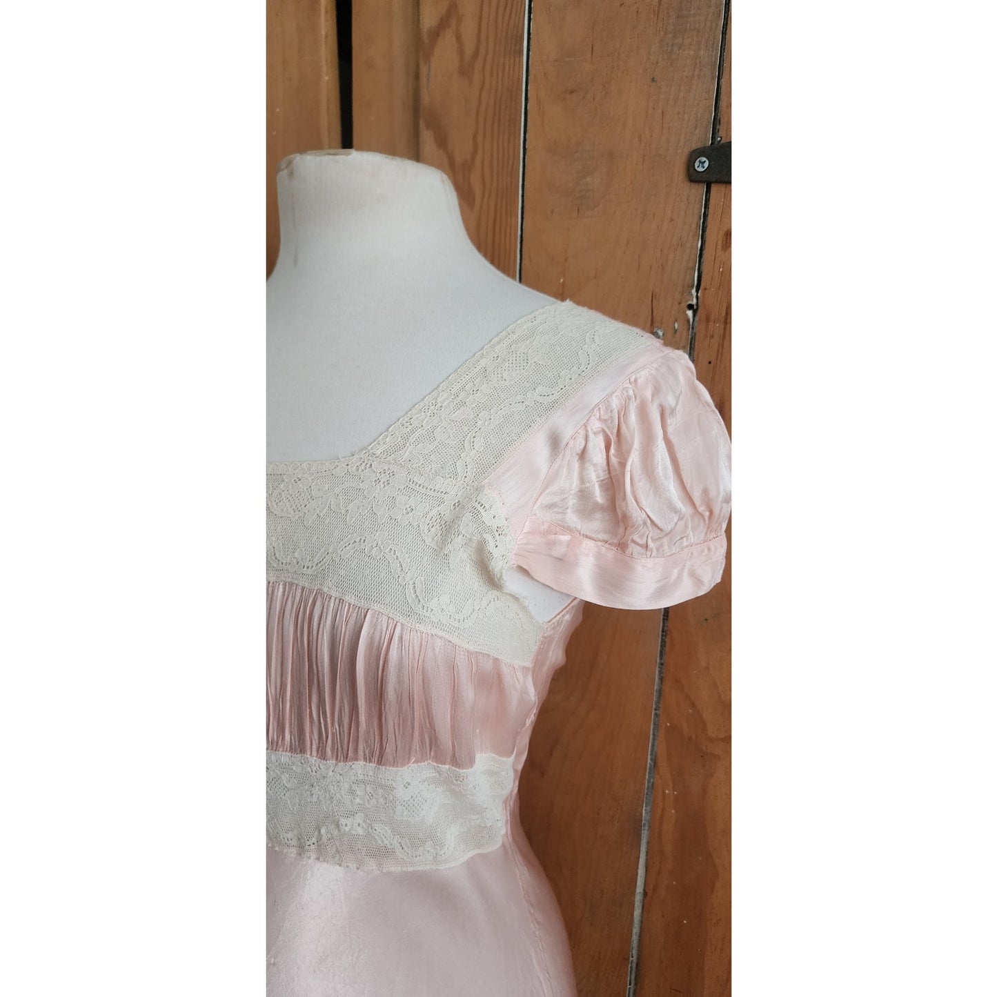 Vintage 30s Pale Pink Silk & Lace Bias Cut Nightgown Dress Long Slip Old Hollywood M