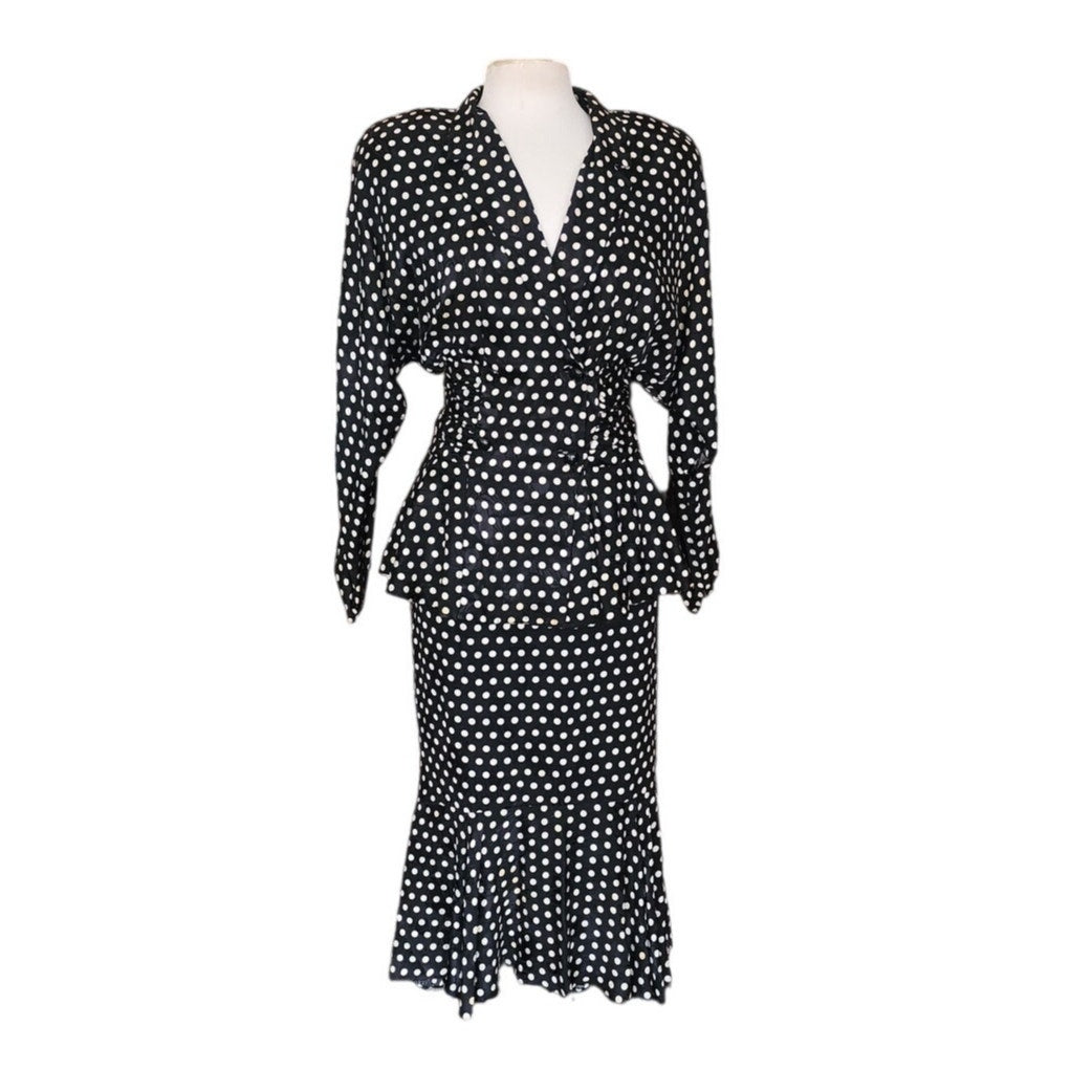 Vintage 80s Saint Romei Neiman Marcus Silk Polka Dot Peplum Jacket Fishtail Skirt Suit Set