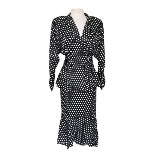 Vintage 80s Saint Romei Neiman Marcus Silk Polka Dot Peplum Jacket Fishtail Skirt Suit Set