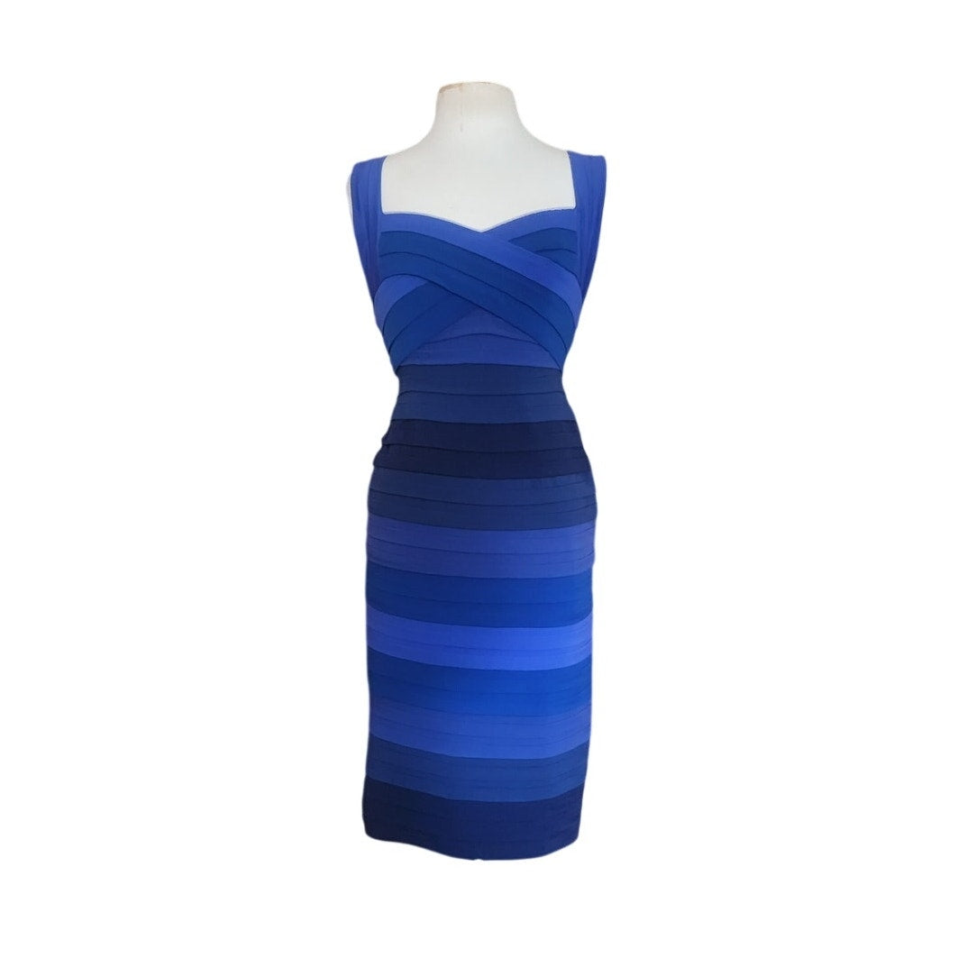 Vintage Y2k Tadashi Dress Blue Bandage Style Bodycon Sleeveless Stripe Small