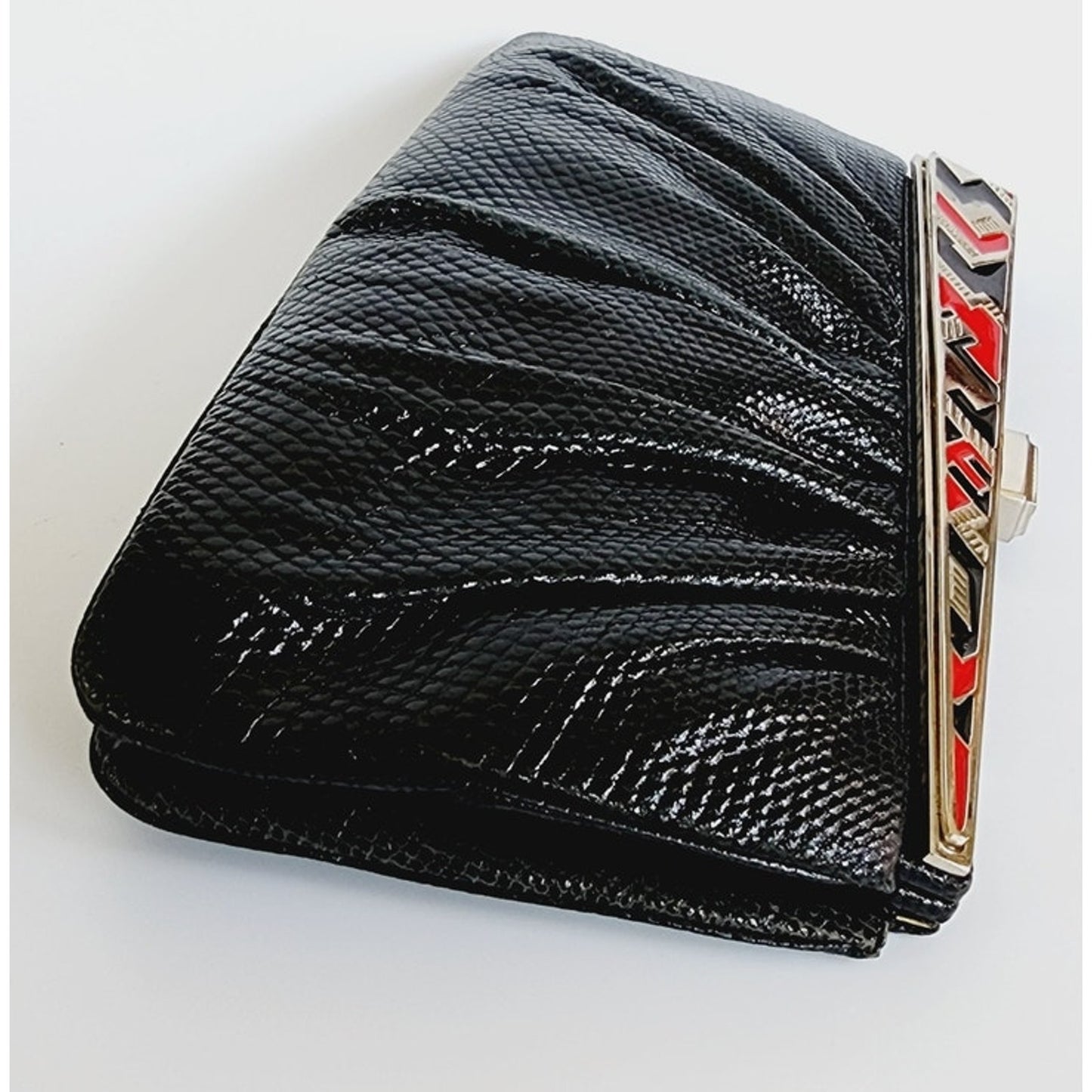 Vintage1980s Judith Leiber Bag Black Lizard w/Enamel Art Deco Panel