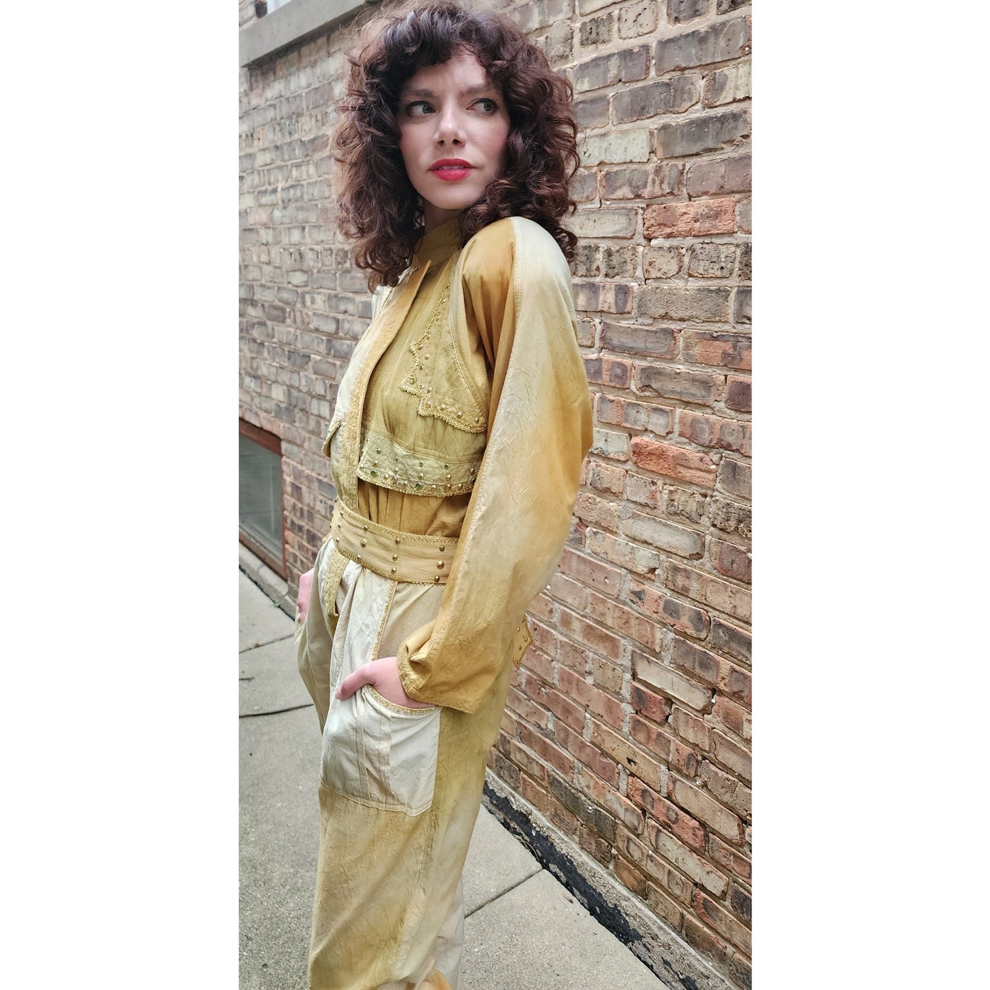 Vintage 80s Jumpsuit Yellow Gold Ombre w/Embroidered Studs Varda Garfinkel