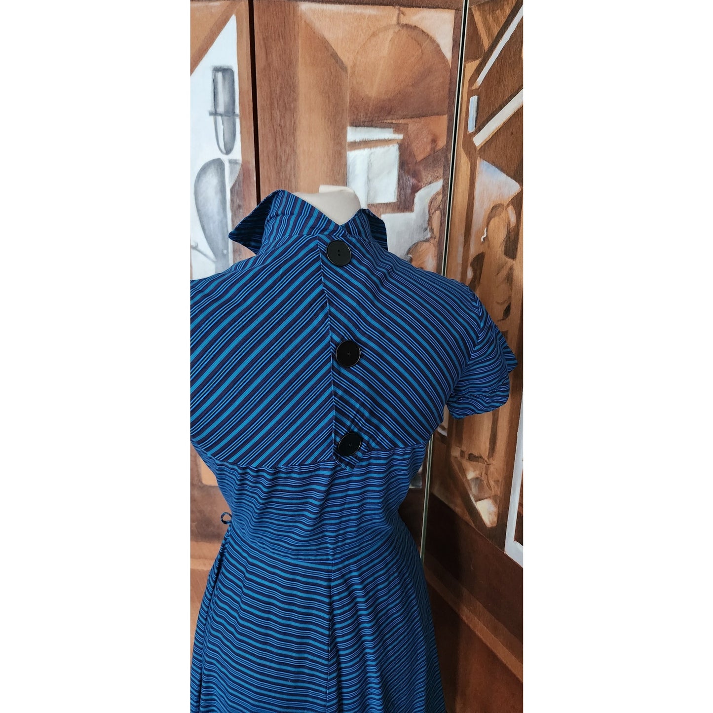 Vintage 50s Glenbury for Huntington Blue Striped Fit & Flare Day Dress