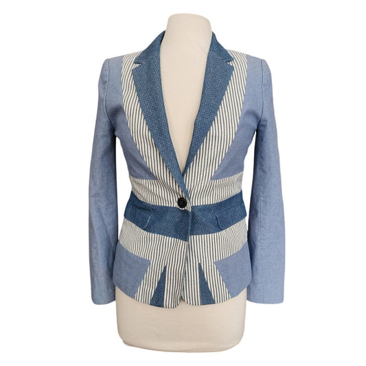 Jack Wills Blue and White Patchwork Denim Blazer, Fitted Single Button