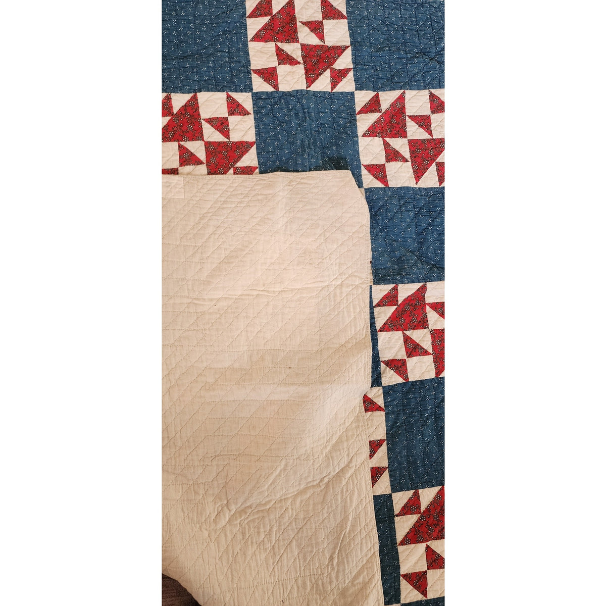 Antique American Quilt 1800s Old Maid's Puzzle Cotton Indigo Turkey Red Checkerboard