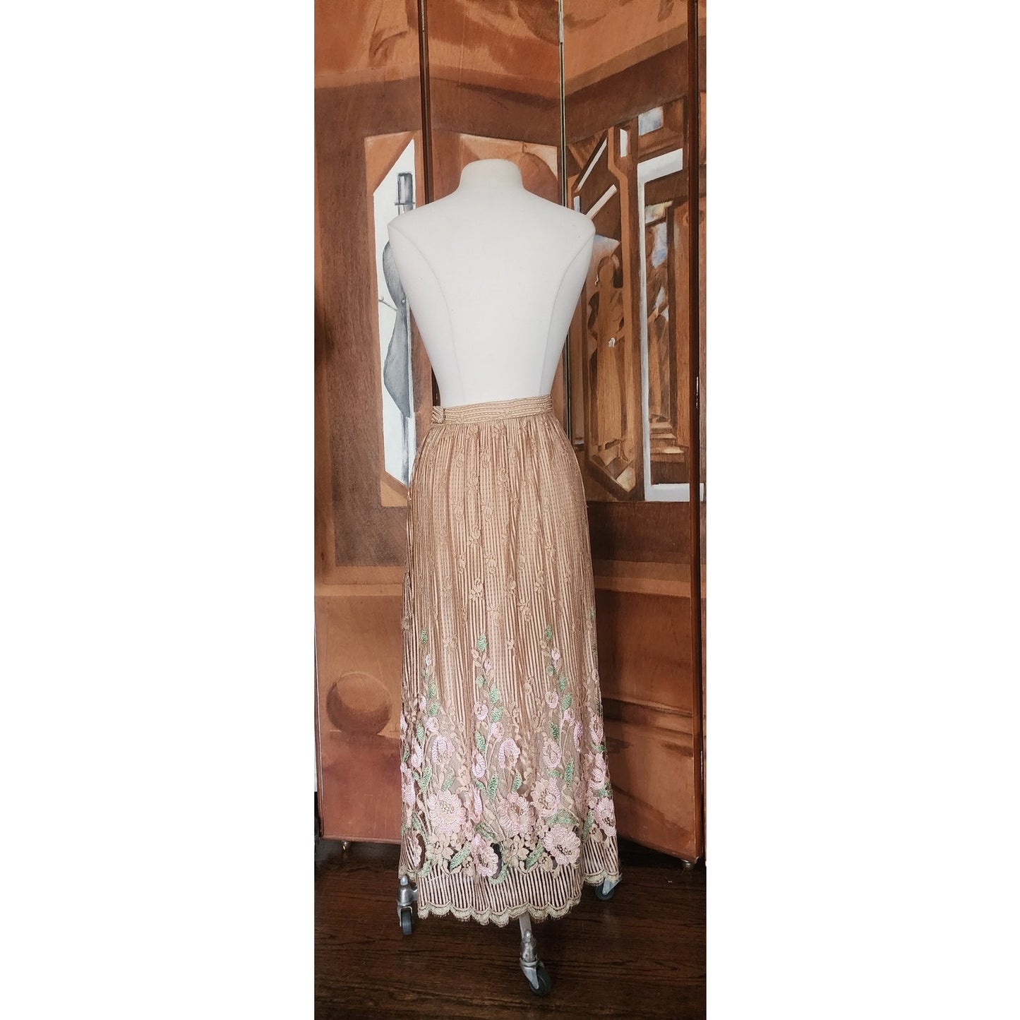 Vintage 1970s Jayna New York Dress Set Knit Crochet Top + Skirt Beige Lace Embroidery