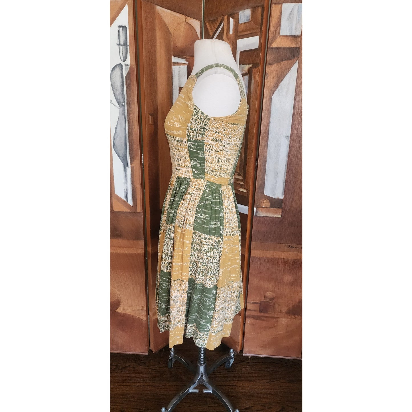 Vintage 40s 50s MCM Cotton Print Sun Dress Green Yellow Gingham Patchwork Rockabilly
