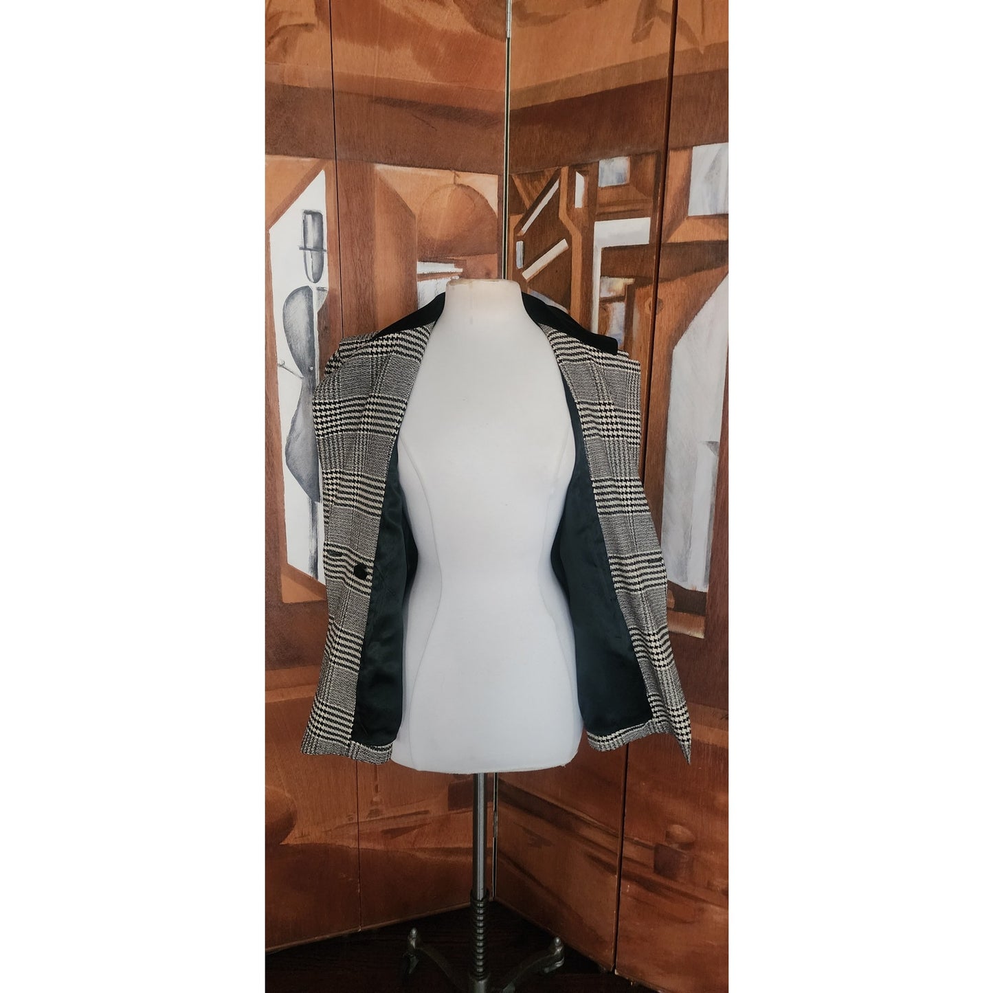 Vintage 1980s ESCADA Blazer Black Gray Plaid Tailored Jacket Double Breasted Velvet Collar