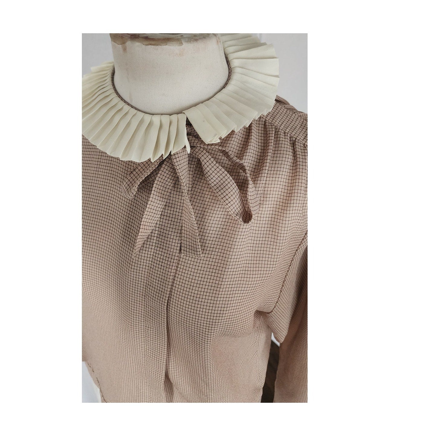 Vintage 80s Beige Blouse Microgrid Print Pleated Ruffled Collar  Pierre Cardin