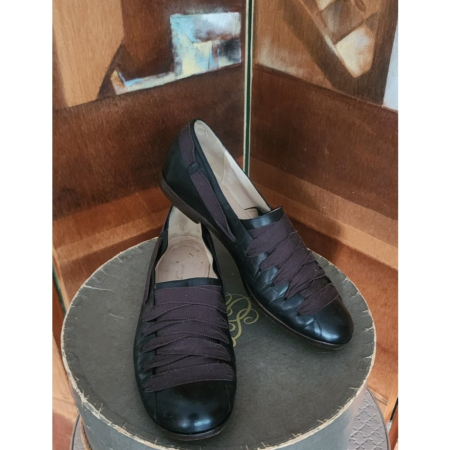Vintage 1990s Dries Van Noten Shoes Black Leather Ballerina Flats Crisscross Ribbon Straps 39