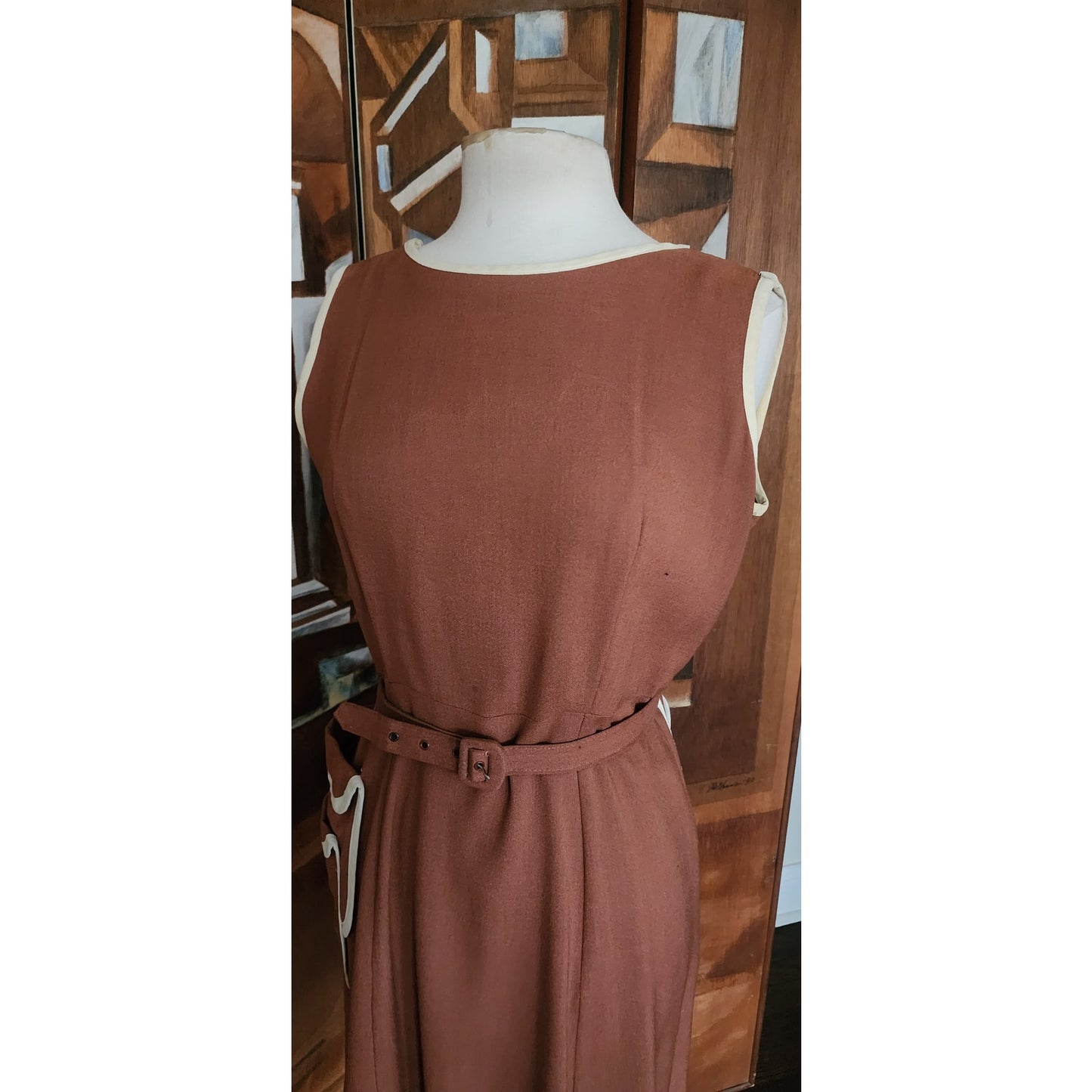 Vintage 40s Belted Day Dress in Brown & White Trim Unusual Double Pocket Design by Dawncrest