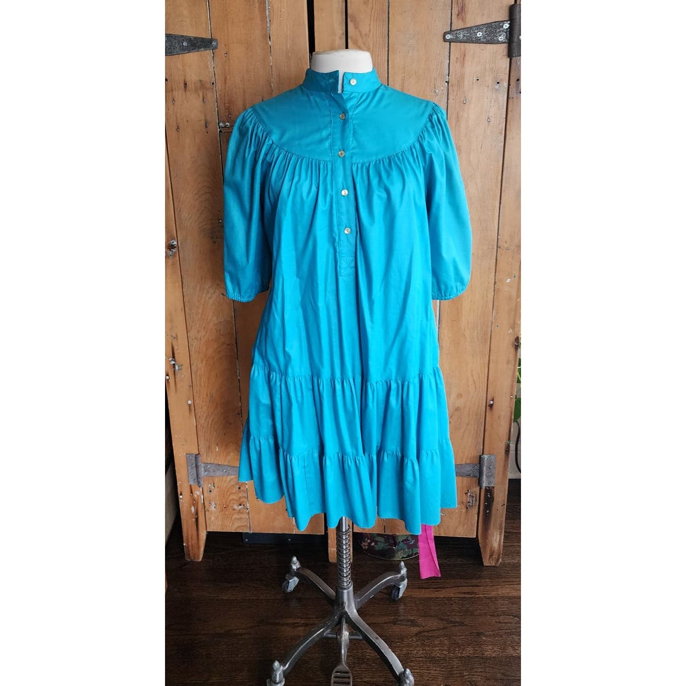 Vintage 80s Blue Day Dress Puffed Sleeves Pink Belt Betsy's Things