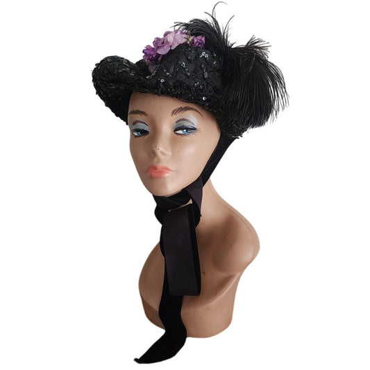 Antique Victorian Black Bonnet Hat Feathers Sequins Lace & Purple Flowers
