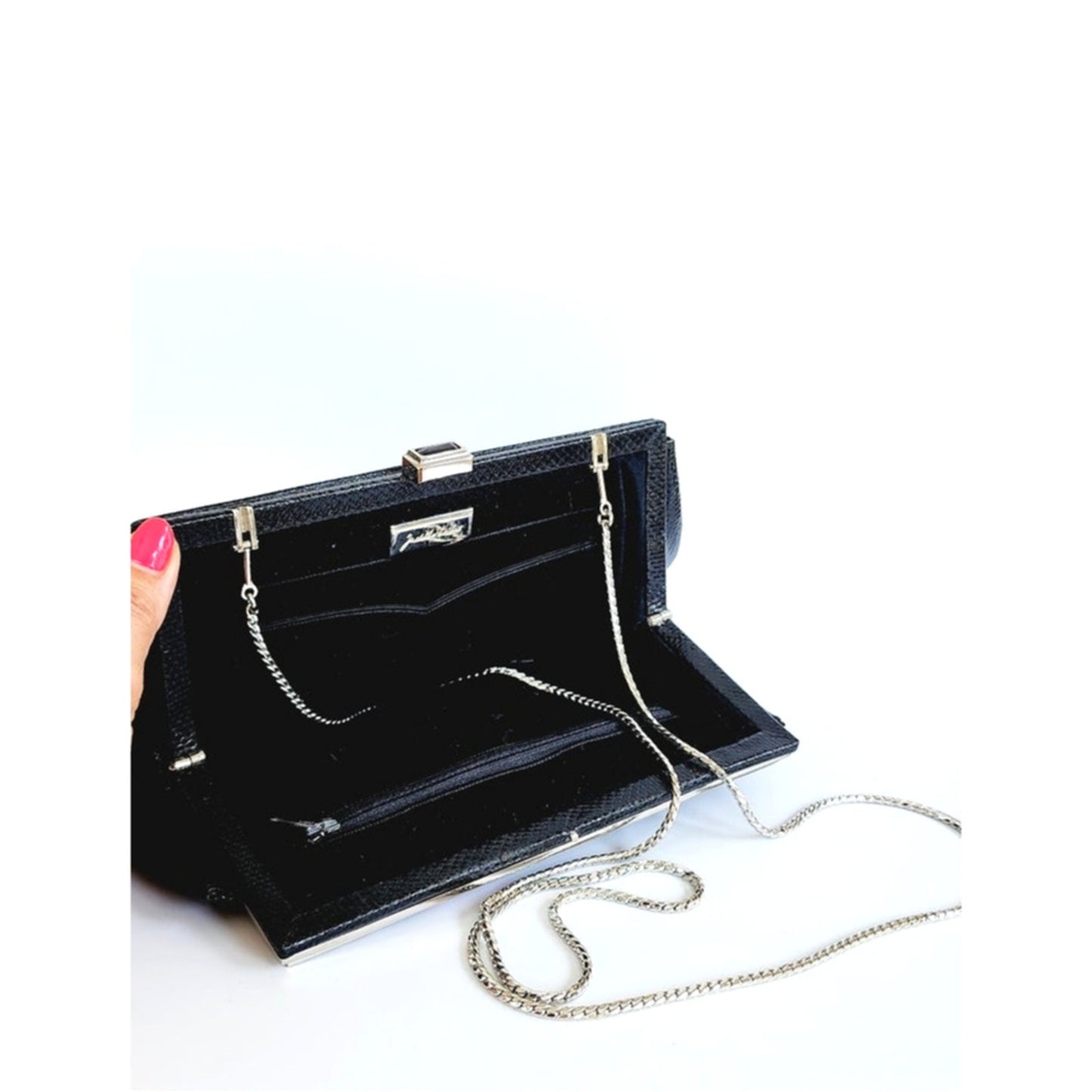 Vintage1980s Judith Leiber Bag Black Lizard w/Enamel Art Deco Panel