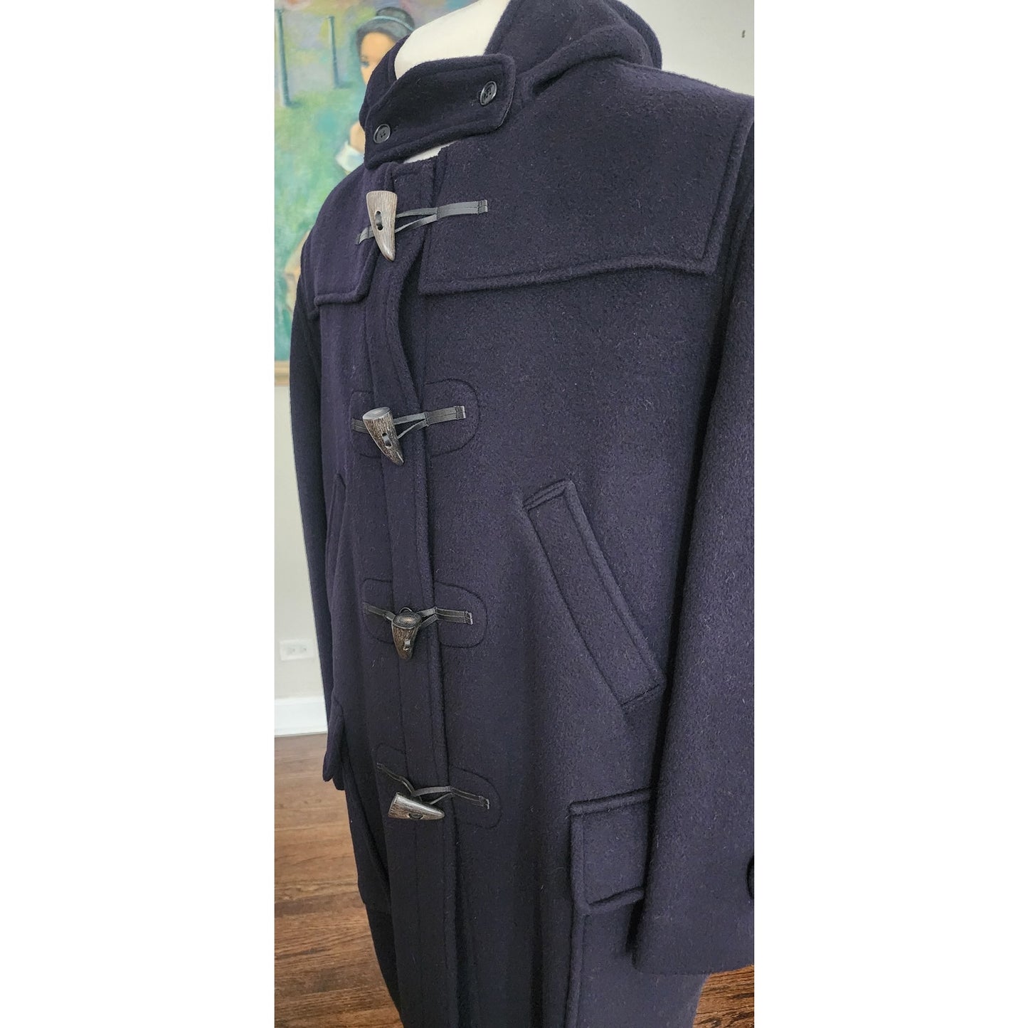 Vintage 1990s Mens Duffle Coat Lands End Navy Blue Wool Hooded w/Toggle Closure