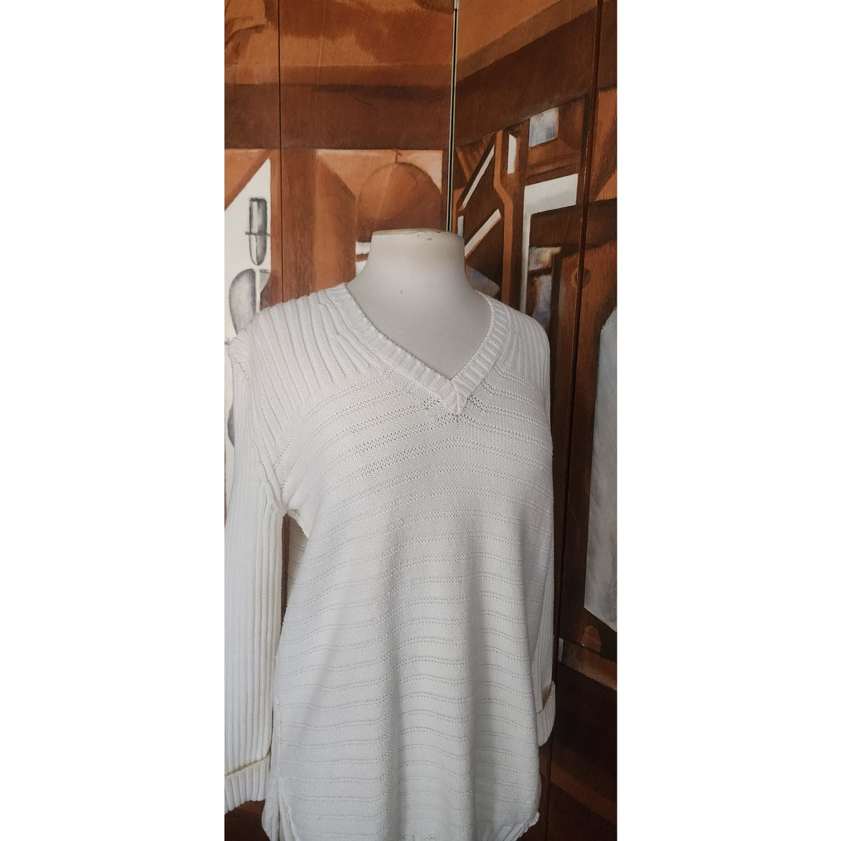 Vintage 1990s Sonia Rykiel Sweater White Knit V Neck Tunic Jumper Textured Stripe Oversized