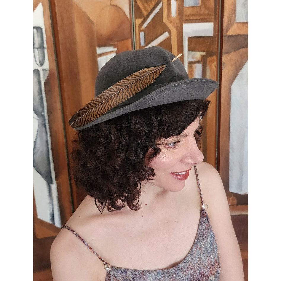 Vintage 70s HALSTON Gray Wool Felt Fedora Hat w/ Feather Wide Brim