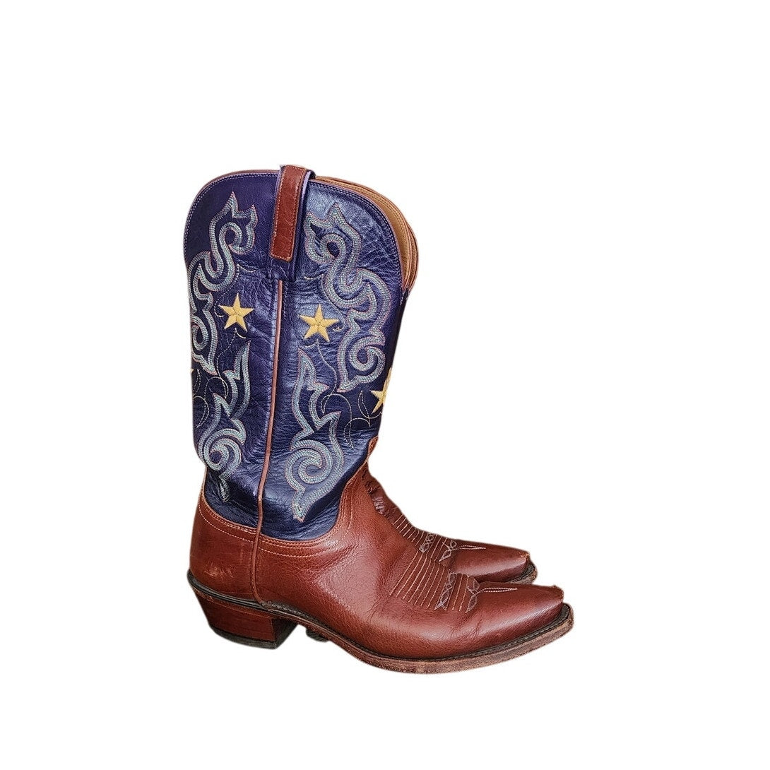 Vintage Y2K Lucchese 1883 Western Boots Blue Leather Star Embroidery Cowgirl Cowboy