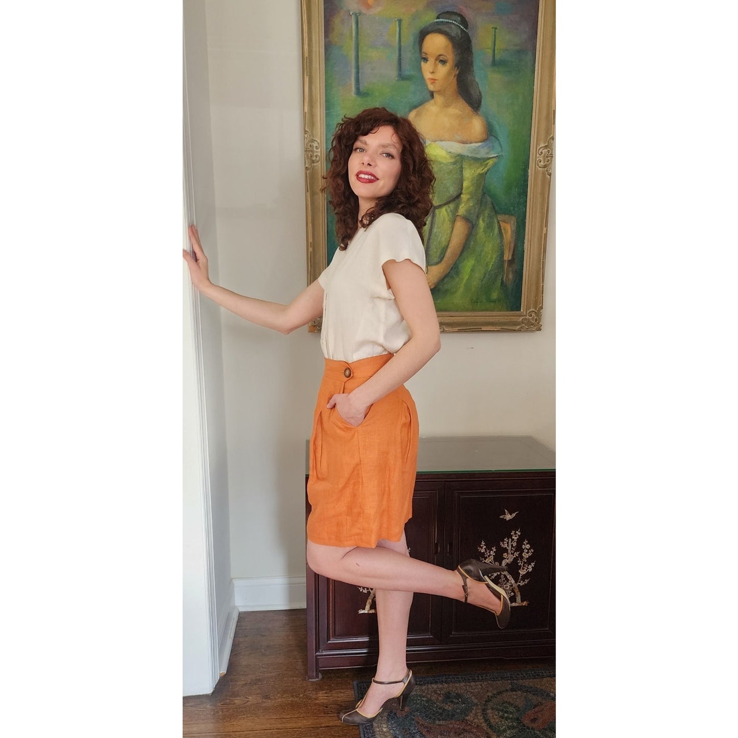 Vintage 1980s Orange Linen Dress Shorts Pleated Front by Perlie / M
