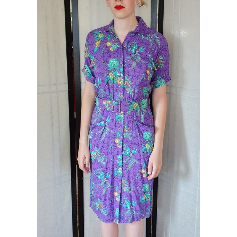 Vintage 80s Floral Print Dress Button Down Front