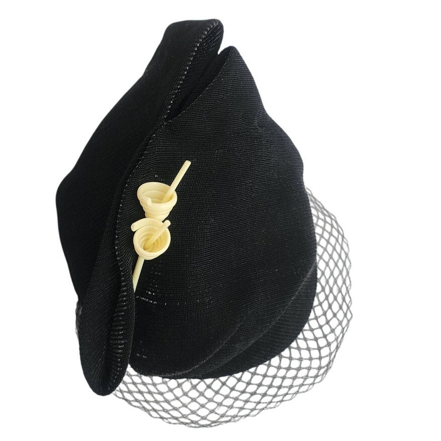 Vintage 30s Art Deco Style Hat Black w/Cream Lucite Modernist Design