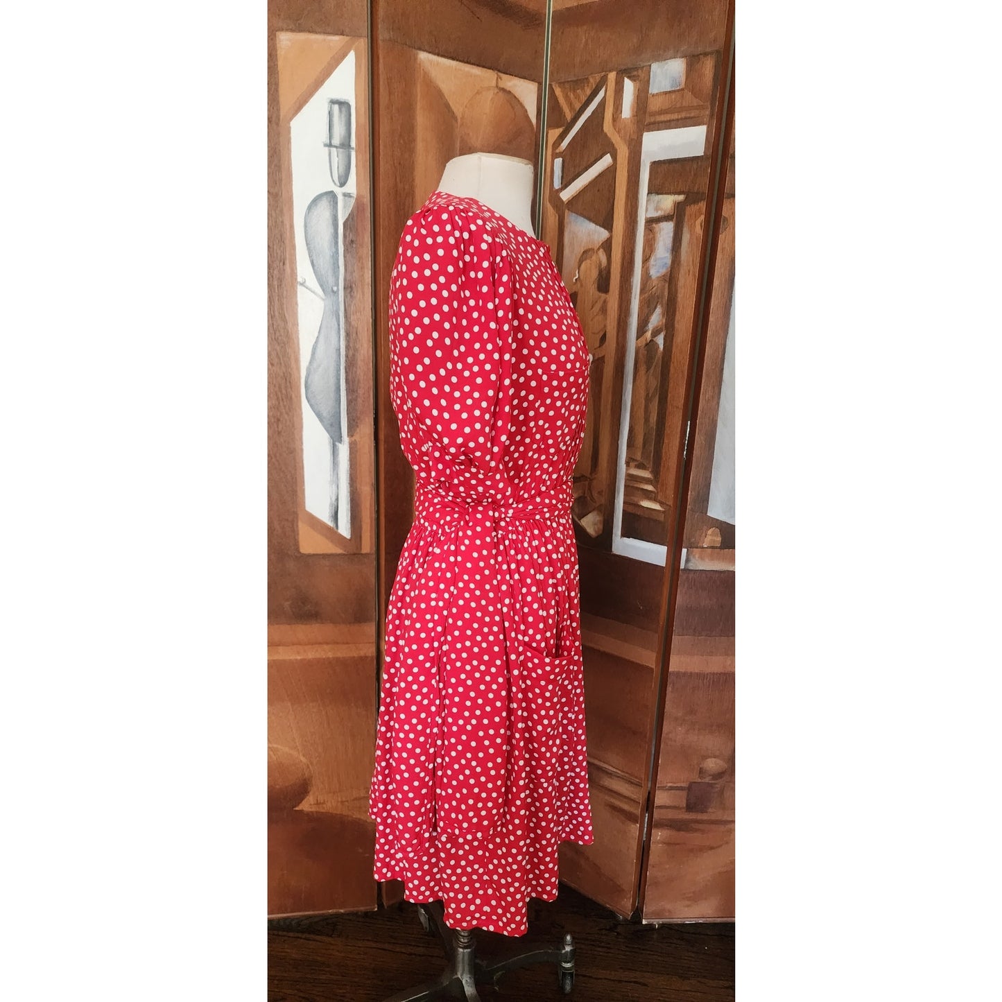 Vintage 1980s Sonia Rykiel Dress Red Polka Dot Rayon Short Sleeved Midi w/Belt