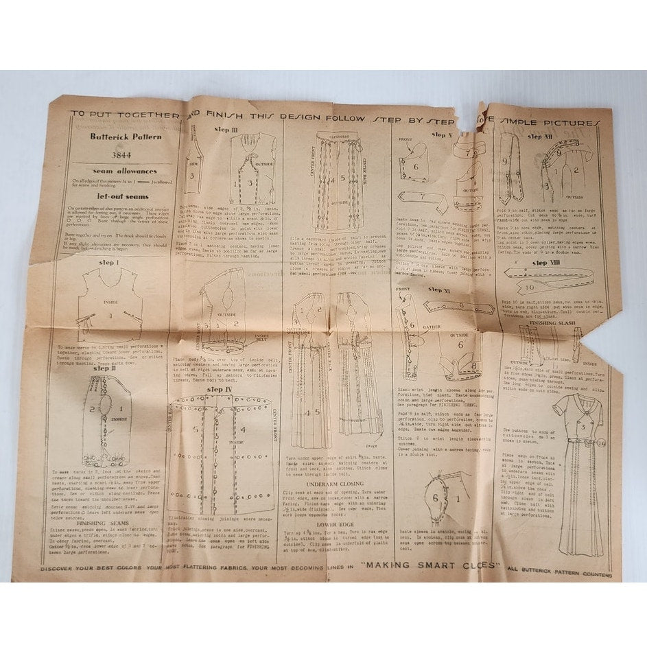 Vintage 20s Sewing Pattern Slip-Over Frock Butterick 3844 Bust 34