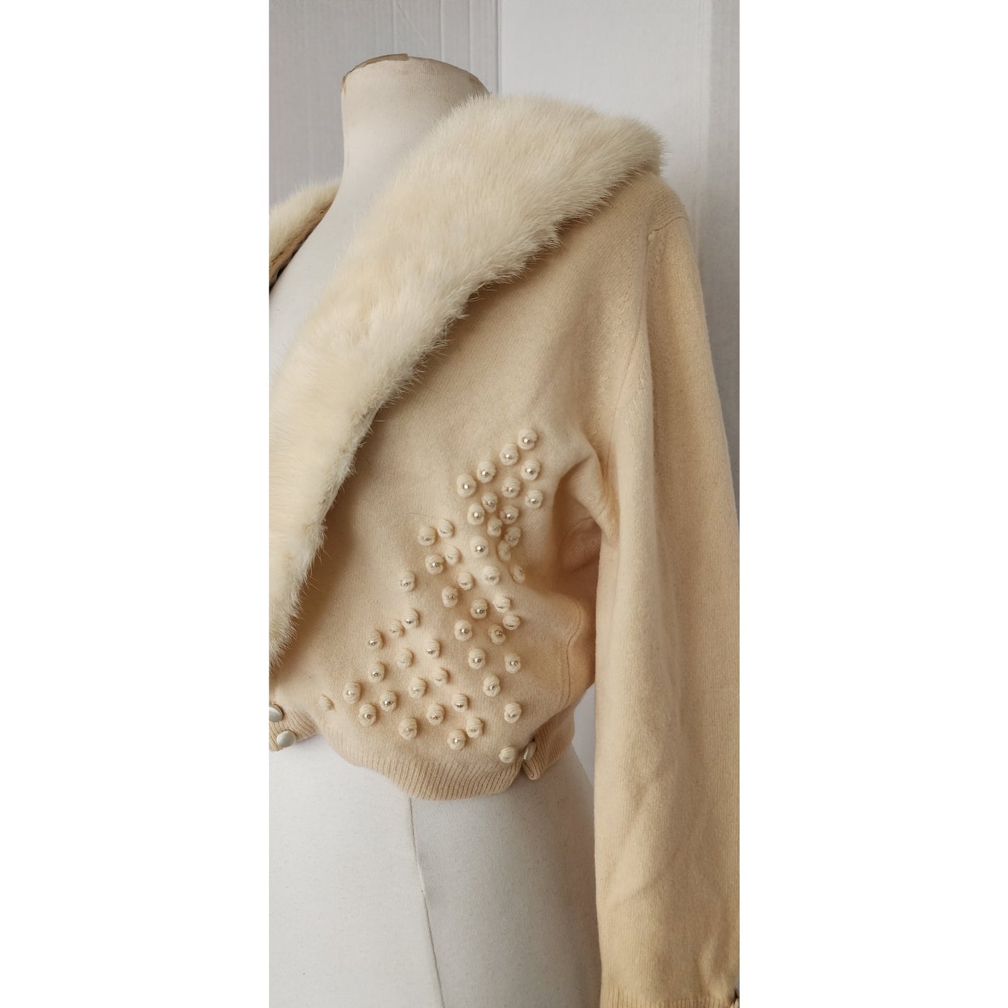 Vintage 50s Cardigan Cream Cashmere Sweater w/Blonde Mink