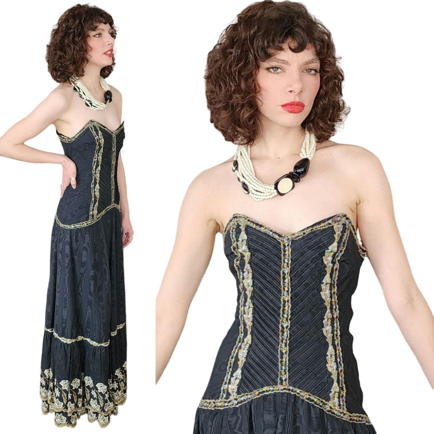 Vintage Strapless Evening Dress Black Gold Brocade Lace Trim