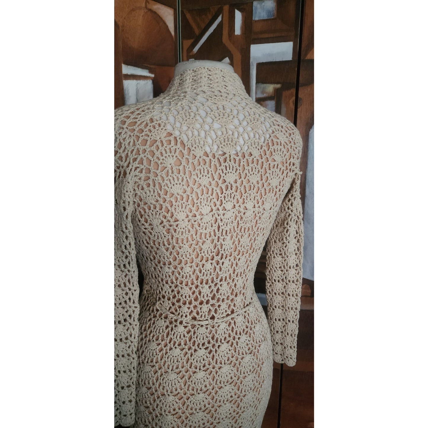 Vintage 1970s Cream Knit Maxi Dress Openwork Crochet Liner Long Sleeved Belted