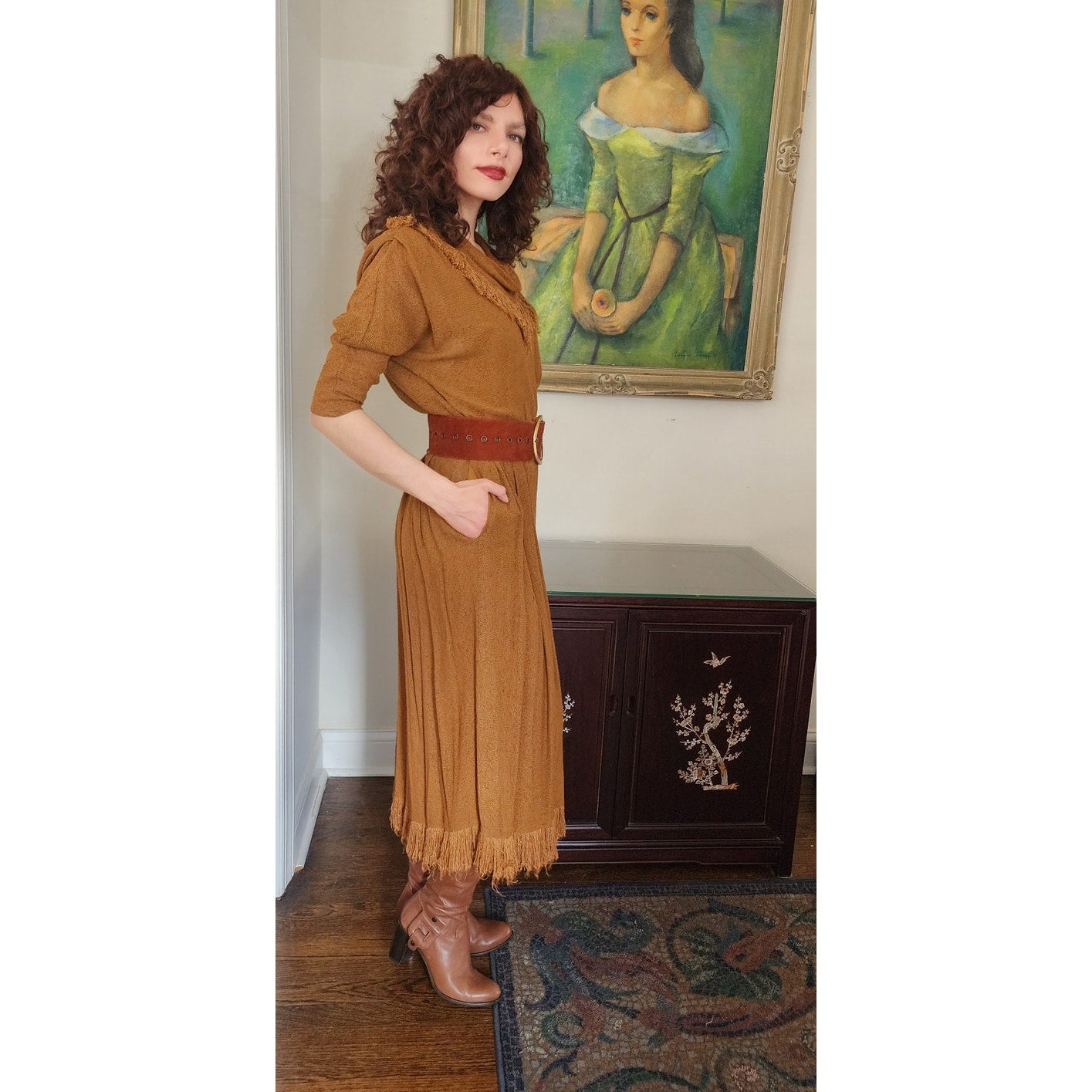 Vintage 80s Brown Dress Fringed Cowl Collar Mad Max Distopia Positive Attitude