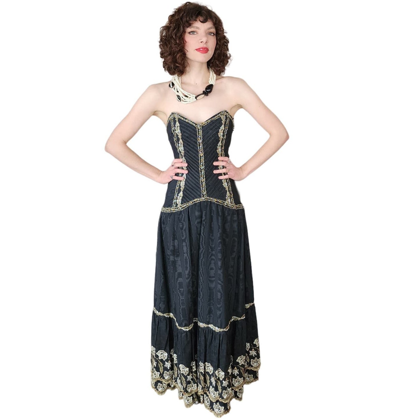 Vintage Strapless Evening Dress Black Gold Brocade Lace Trim