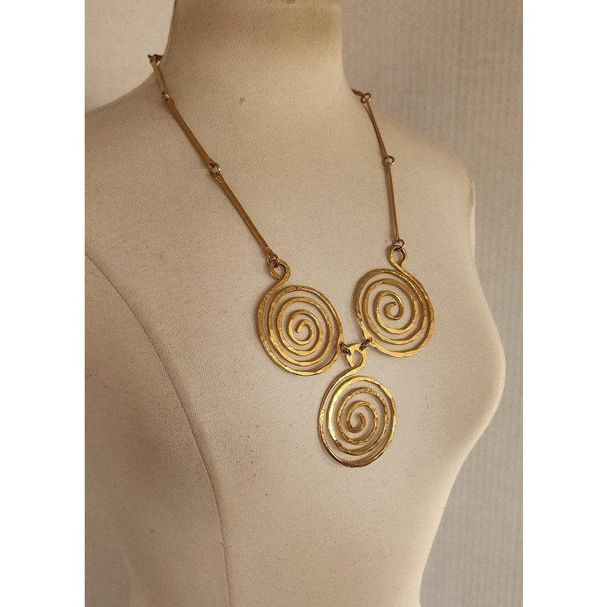 Vintage 70s Spiral Pendant Necklace Hammered Gold Greek Inspired