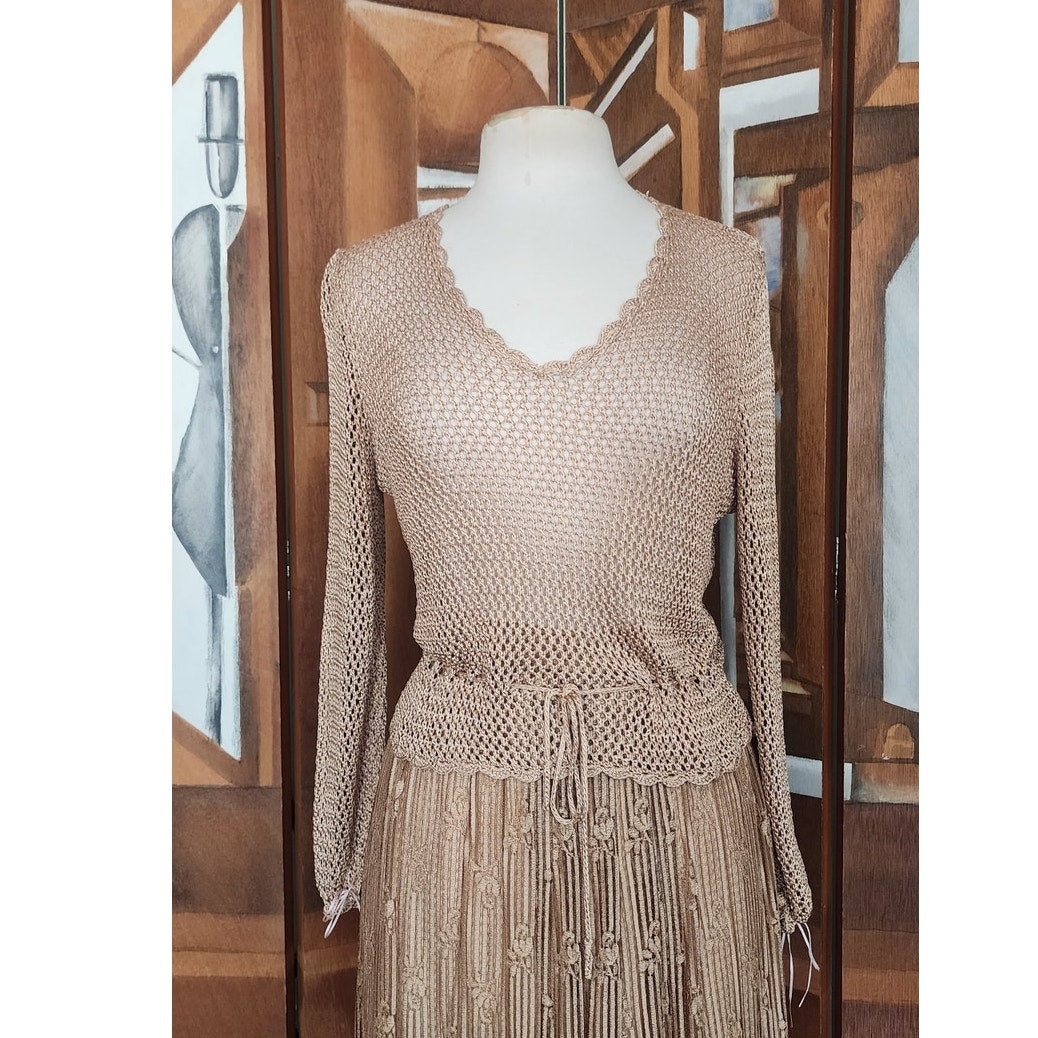 Vintage 1970s Jayna New York Dress Set Knit Crochet Top + Skirt Beige Lace Embroidery