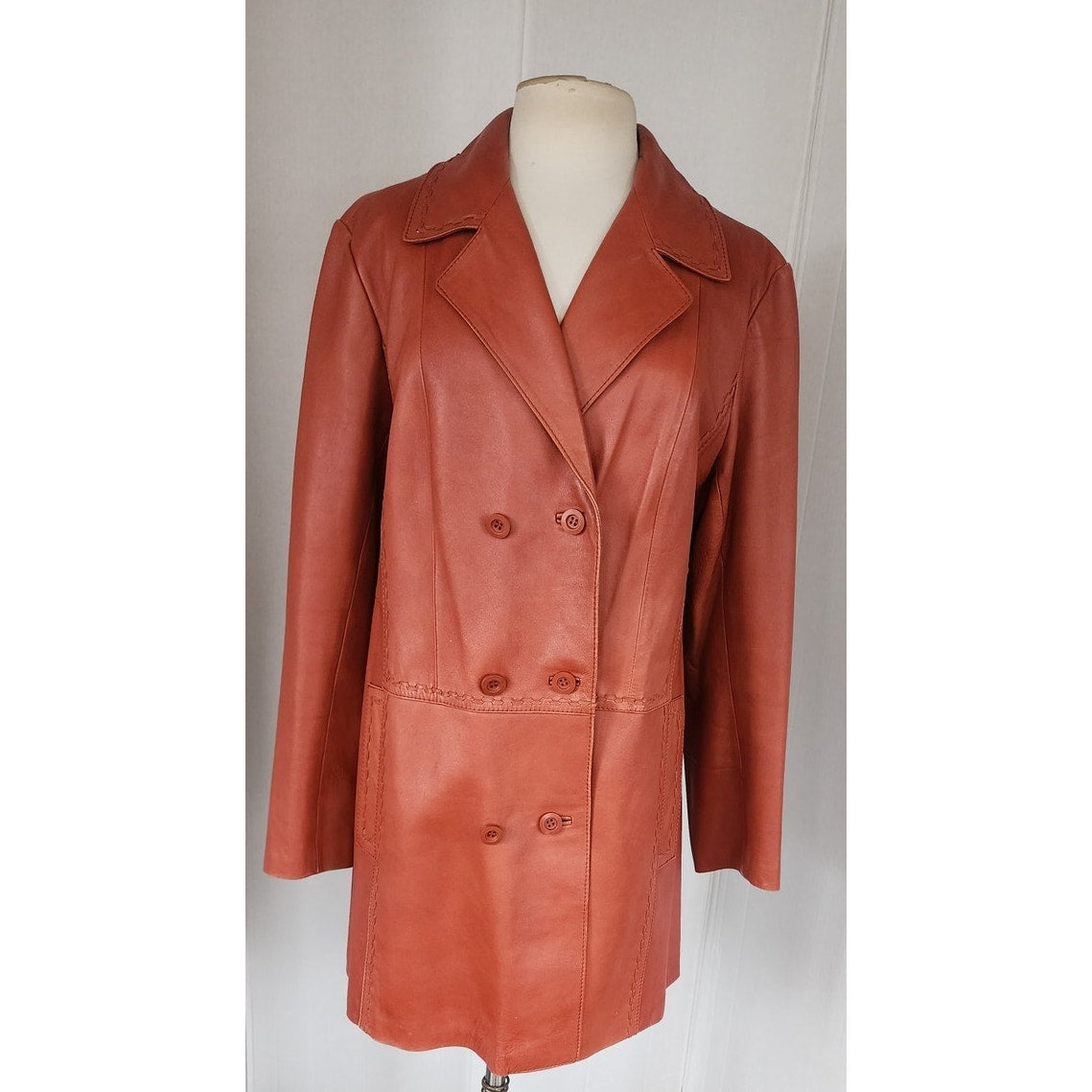 Vintage 70s Brown Leather Coat Hip Length Double Breasted / L