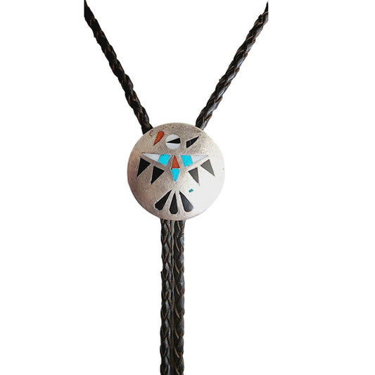 Vintage Thunderbird Bolo Tie by Bennett C31 Silver Inlay Native American