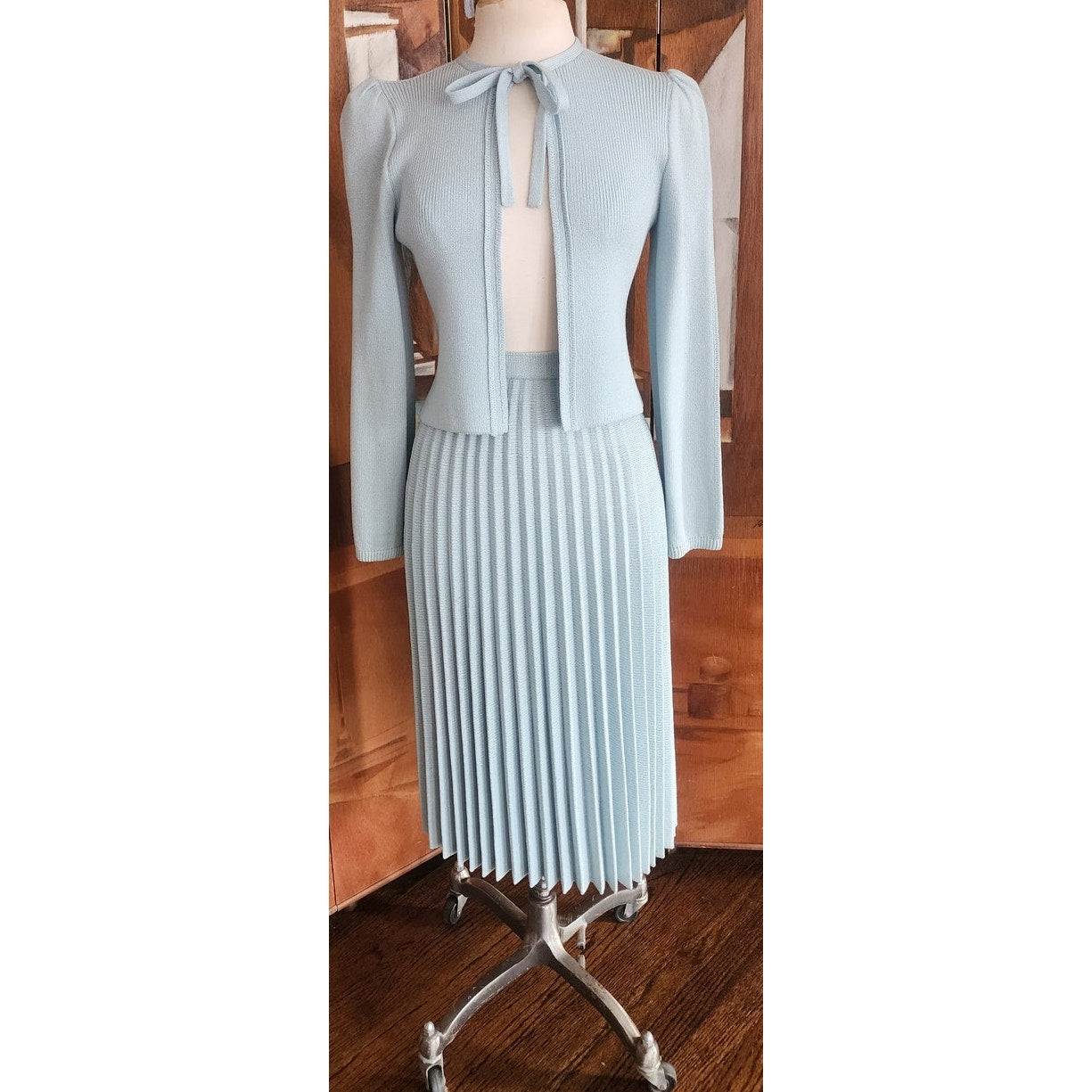 Vintage 70s St John Santana Knit Suit Baby Blue w/Blouse RARE