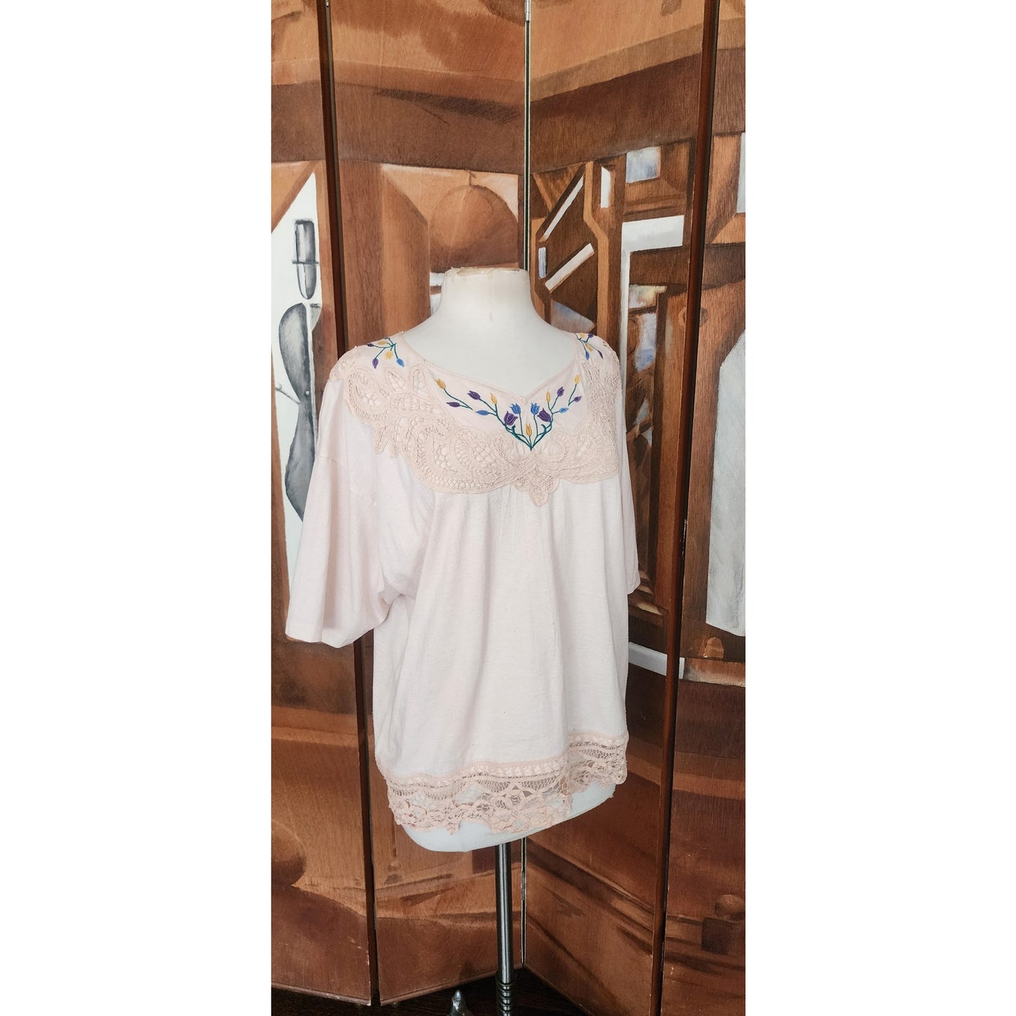 Vintage 70s Peasant Blouse Embroidered Cream Cotton Lace Short Sleeves