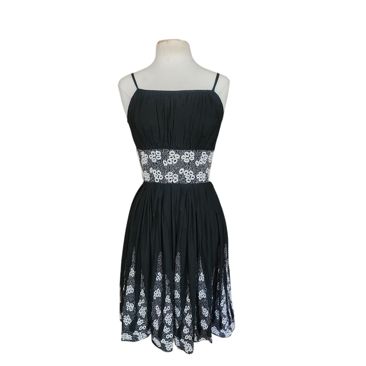Vintage 1950s Patio Dress Black + White Embroidery Spaghetti Straps / S