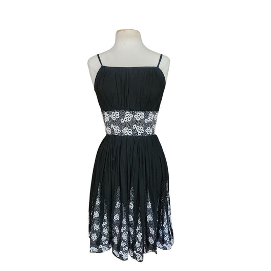 Vintage 1950s Patio Dress Black + White Embroidery Spaghetti Straps / S