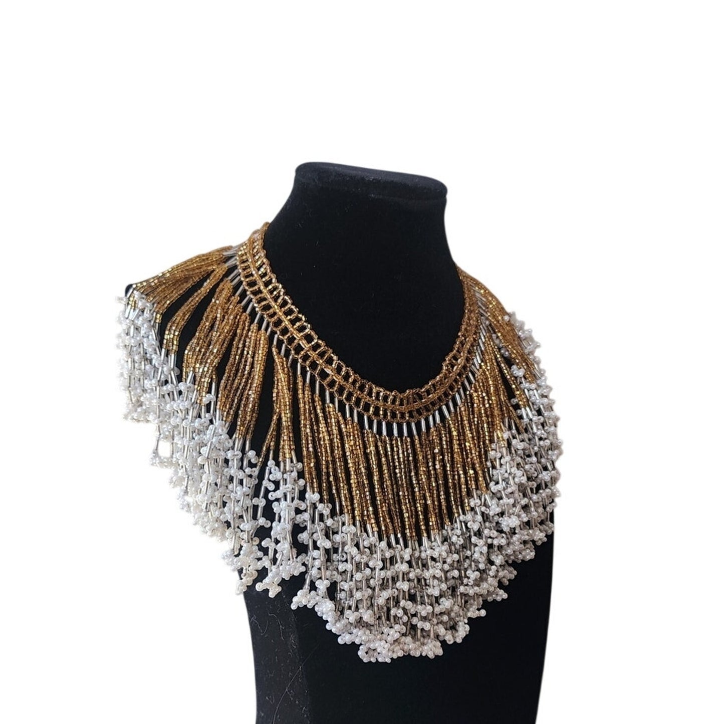Vintage Bib Necklace Boho Fringed Beaded Collar Choker Gold Maximalist Egyptian