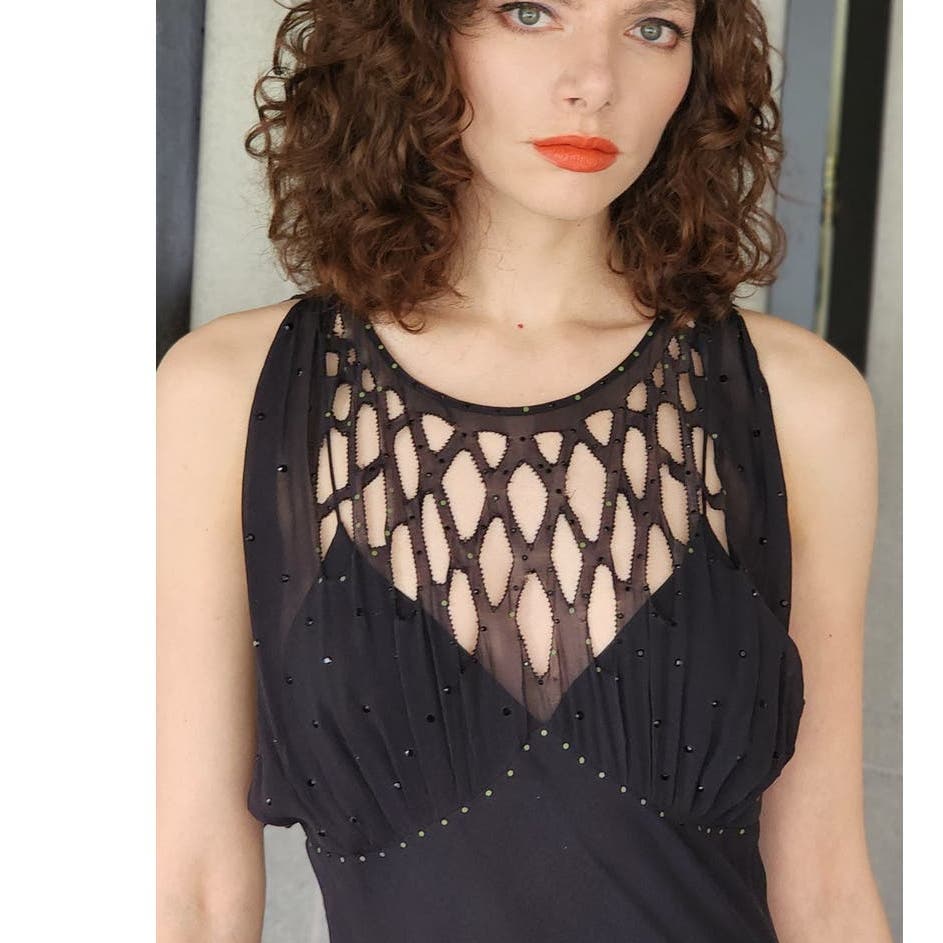 Vintage 30s Style Evening Dress Black Silk Chiffon Rhinestones Malandrino