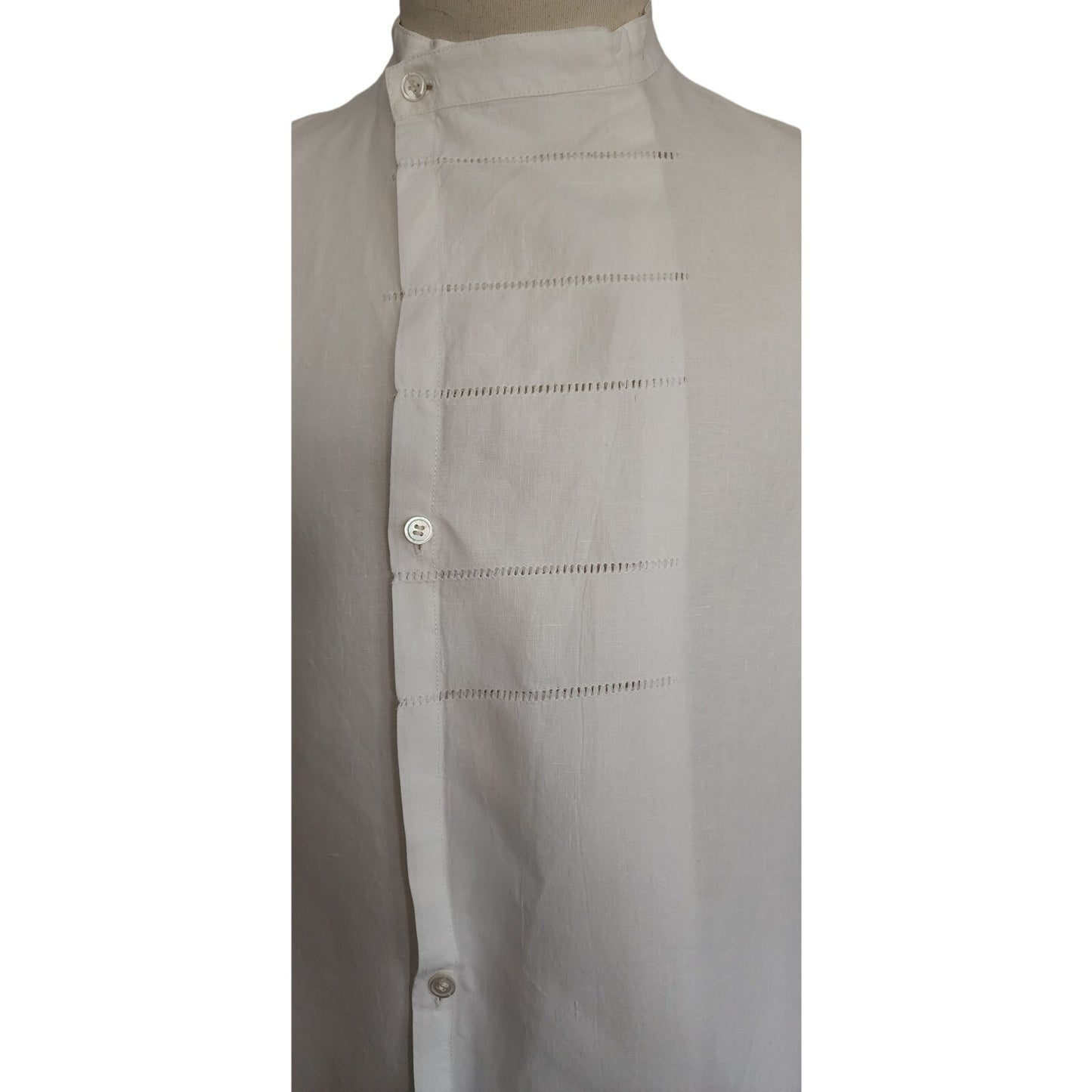 Vintage Issey Miyake Mens Shirt White Linen Button Down Asymmetrical Closure Mandarin Collar