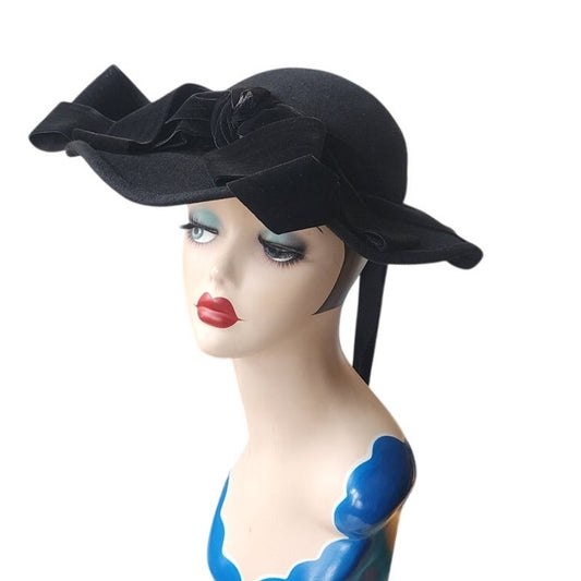 Vintage 40s Gladys & Belle Black Felt and Velvet Platter Hat Wide Brim Bow Detail