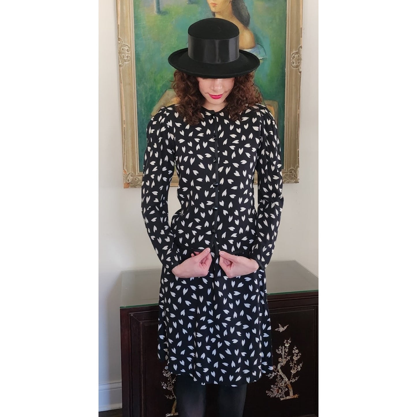 Vintage 1970s Yves Saint Laurent Skirt Suit Heart Print Silk Black White / S