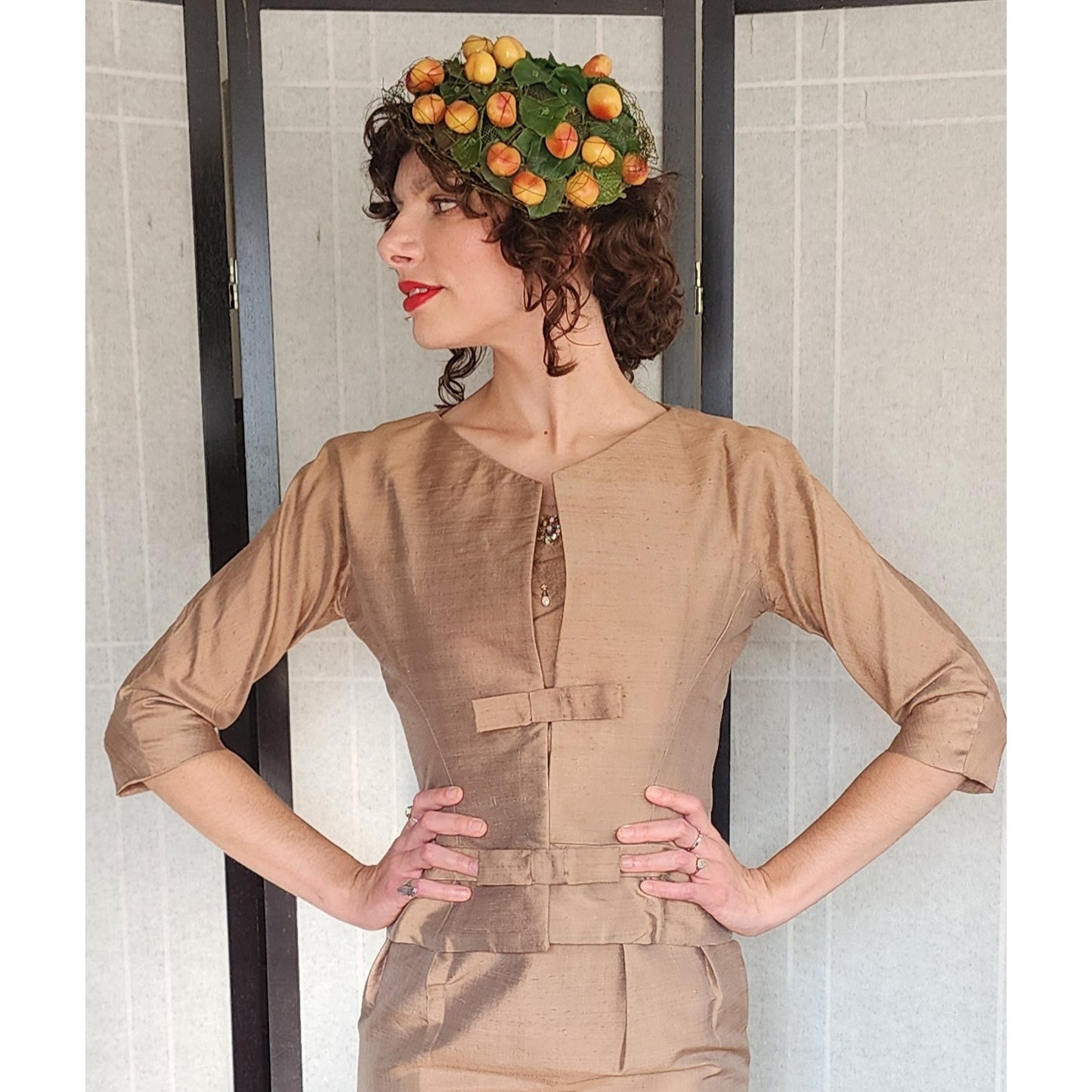 Vintage 50s Beige Silk Dress Suit w/Rhinestones