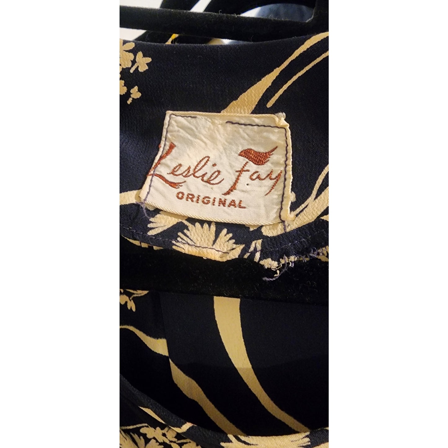 Vintage ORIGINAL 40s Leslie Fay Black Cream Floral Ribbon Rayon Midi Day Dress