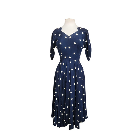 Vintage 1950s Lilli Diamond Dress Blue  White Polka Dot Print Midi / S
