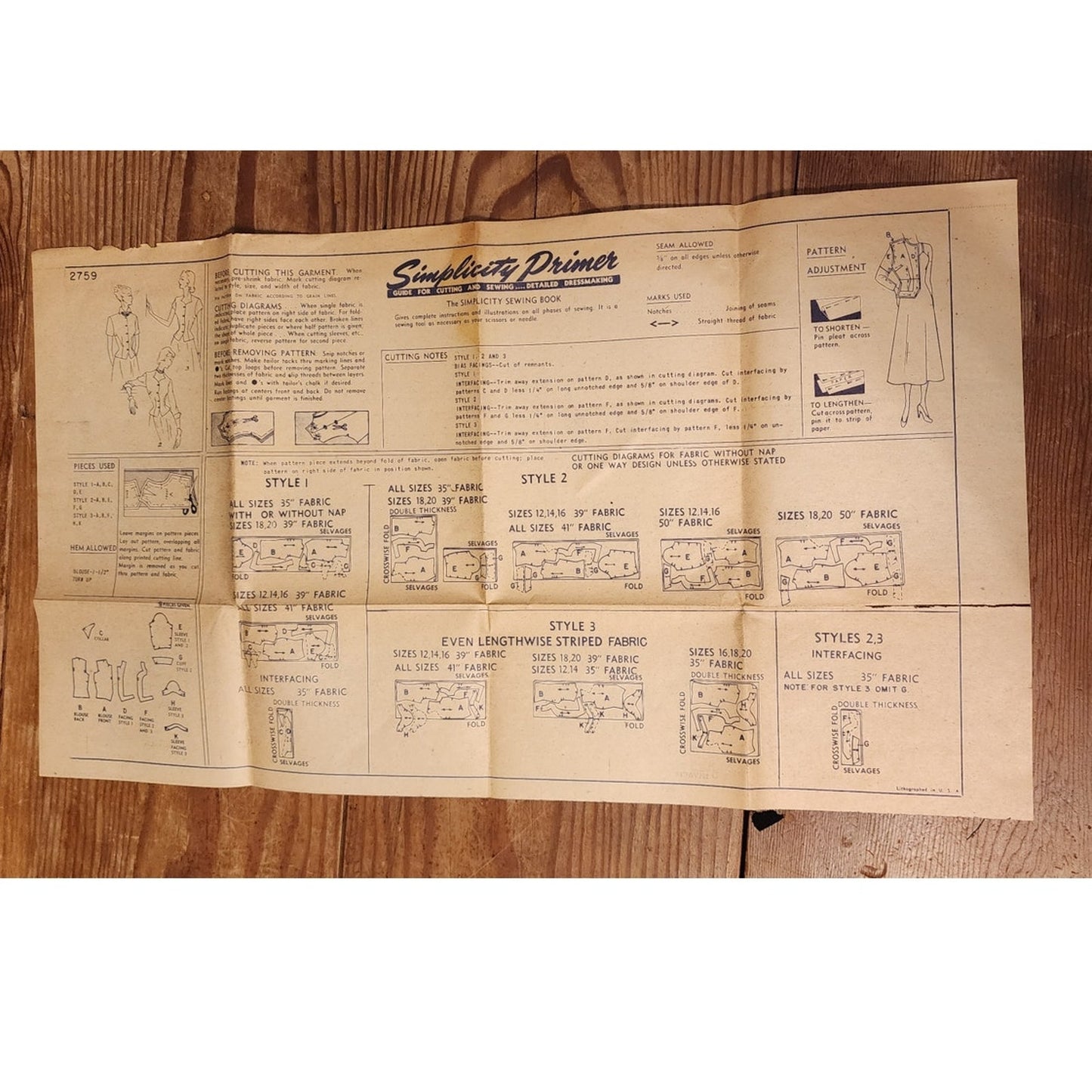 Vintage 1940s Sewing Pattern ORIGINAL:  Ladies Blouses Simplicity 2759